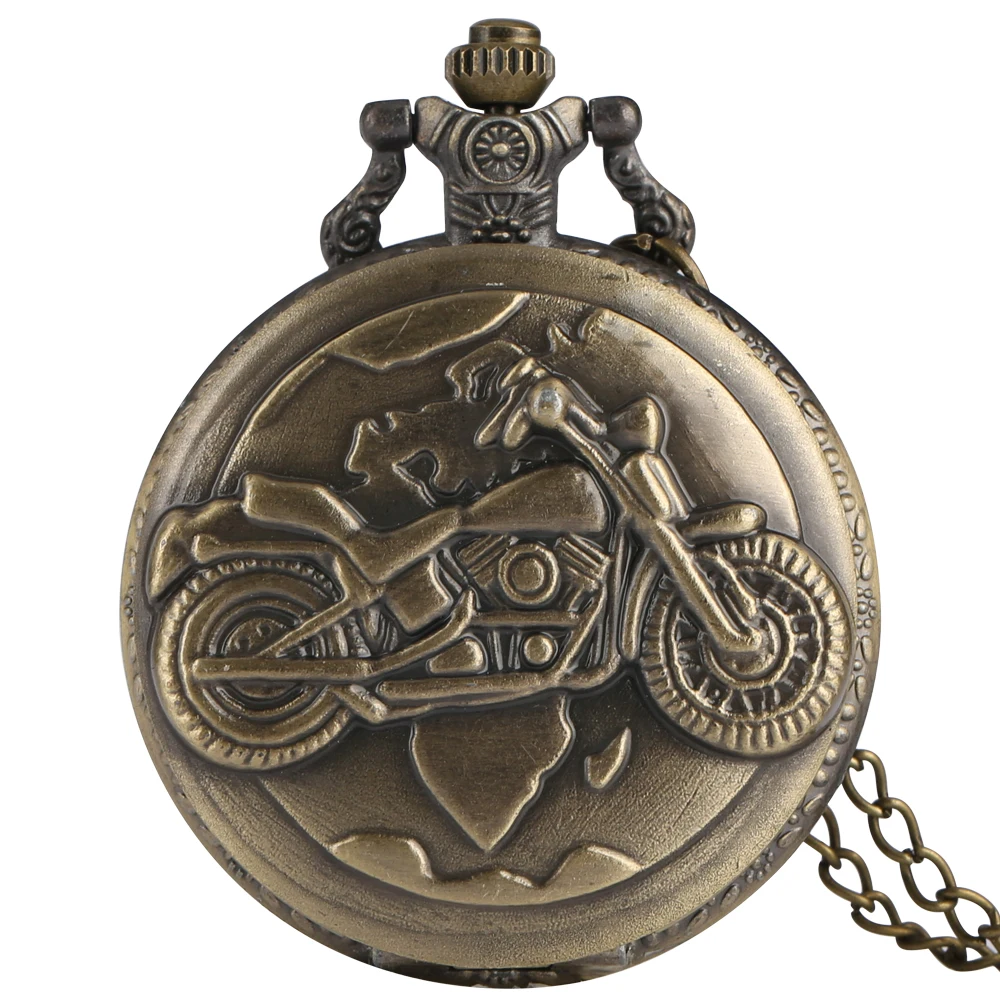 Antique Bronze Motorcycle Motorbike MOTO Pocket Watch Necklace Pendant Men Gift P79