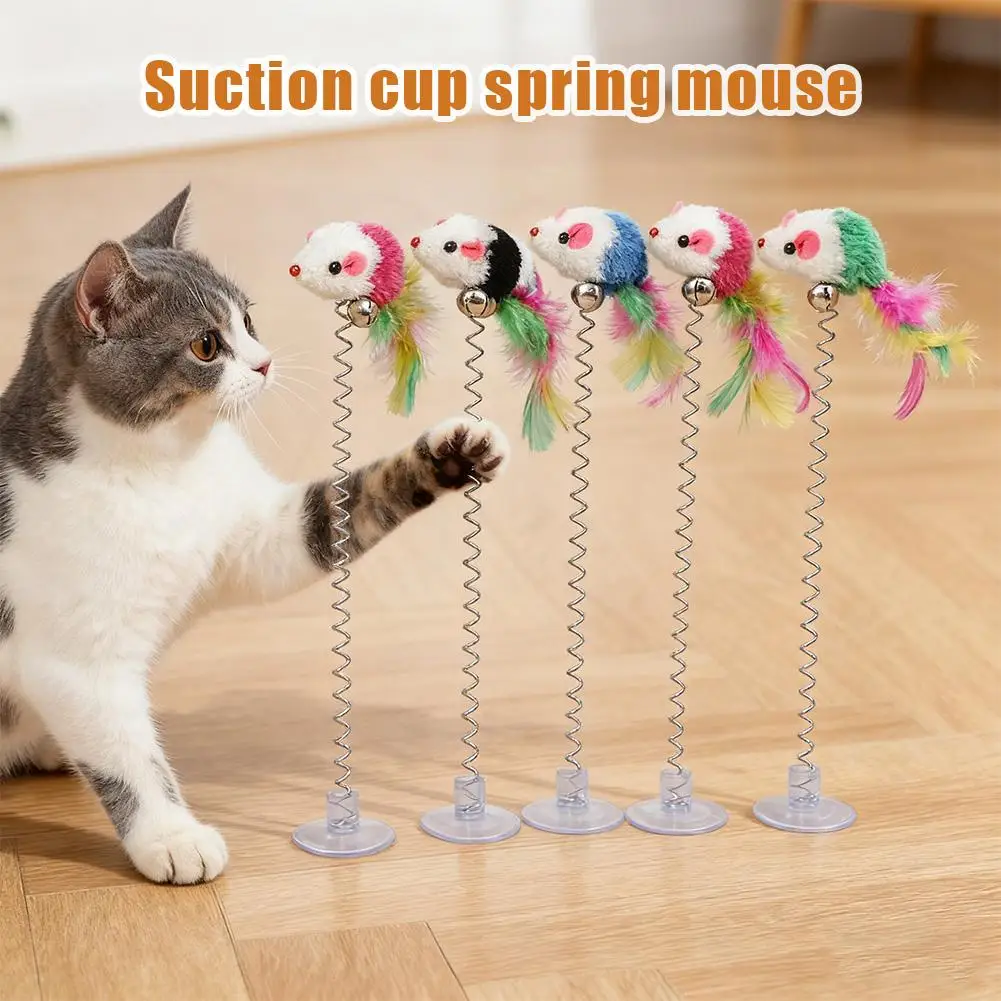 1/5PC Saugnapf Frühling Maus Cartoon Haustier Katze Spielzeug Stick Feder Stange Maus Spielzeug mit Mini Glocke katze Catcher Teaser Interaktive Katze