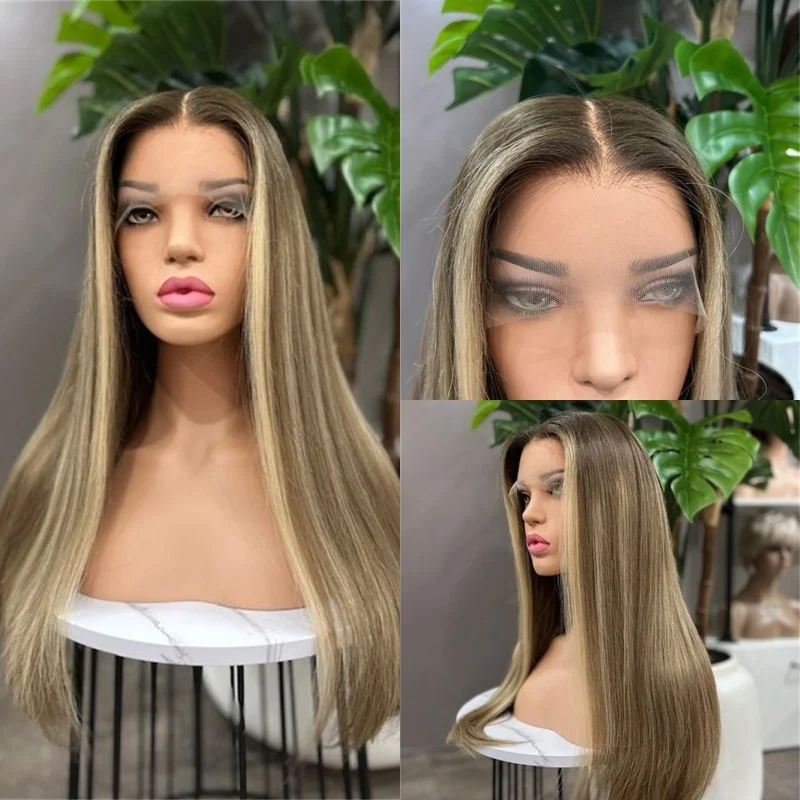 Soft Long Straight Wig Ombre Brown Blonde Synthetic HD Lace Front Wig Natural Preplucked Hairline Woman Wigs Party Daily Wigs
