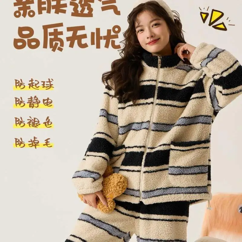 

Student Winter Pajama Set Thicken Wearable As Outerwear Soft Sleepwear Keep Warm Nightwear Woman Pj Set Stand Collar Homewear