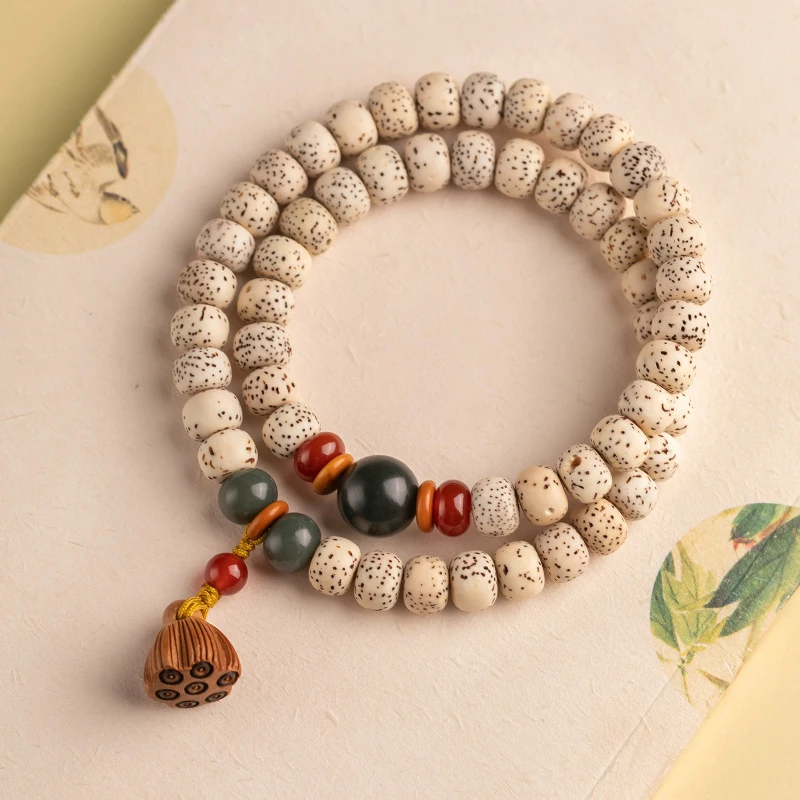Authentic Cream Yellow Jadeified Root for Men and Women, Buddhist Bracelet, Bodhi Abacus Bead Double-Loop Or