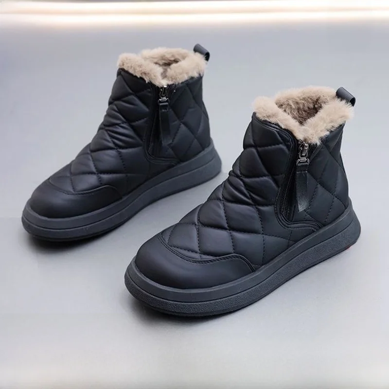Winter Warm Thick Bottom Snow Boots Women's New 2026 Fleece Lined Integrated Leather Fur Bread Shoes Mom Cotton Boots