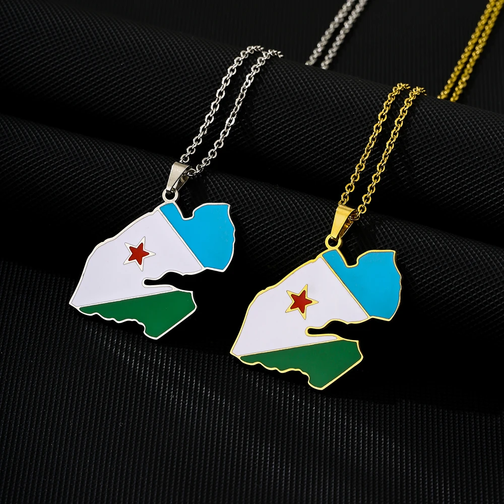 Fashion African Djibouti Map Flag Pendant Necklace Stainless Steel Men Women جمهوريه جيبوتي Maps Jewelry Gift