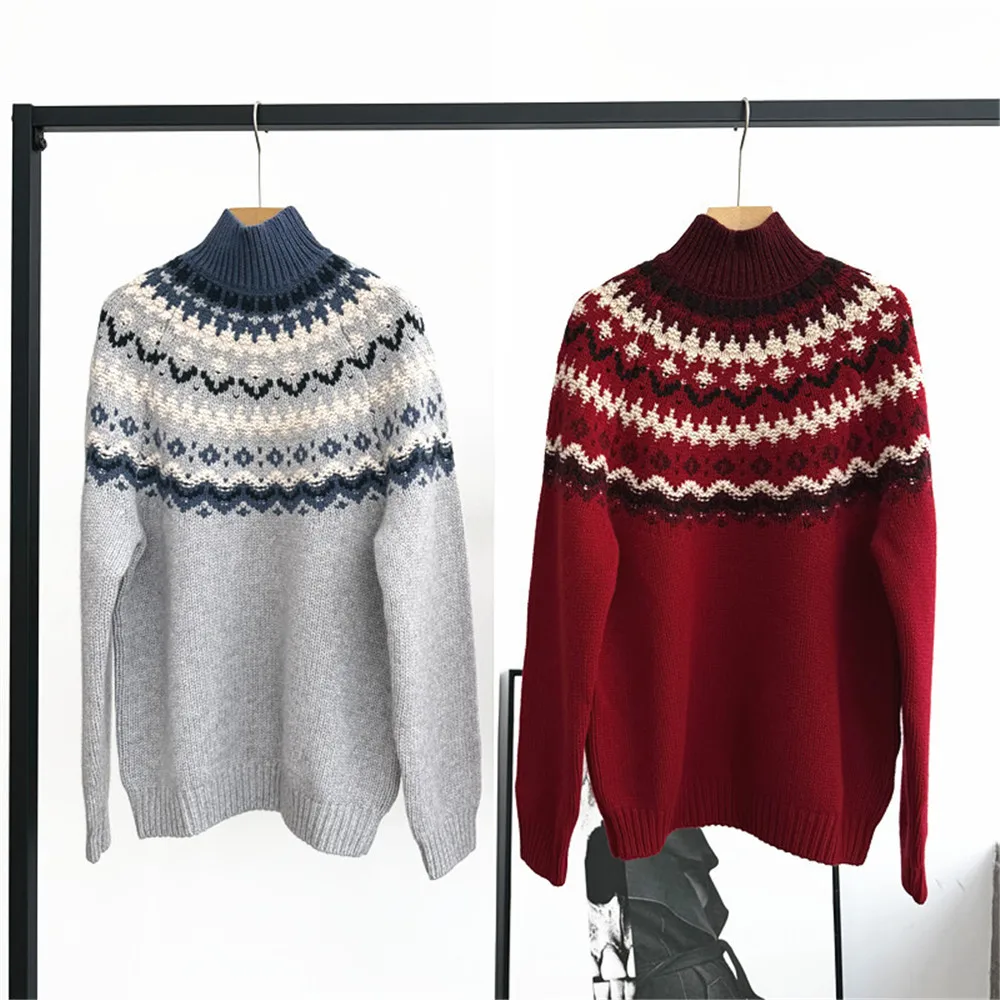25 Autumn/Winter New Women's Retro High Collar Jacquard Contrast Loose Thick Knitted Pullover
