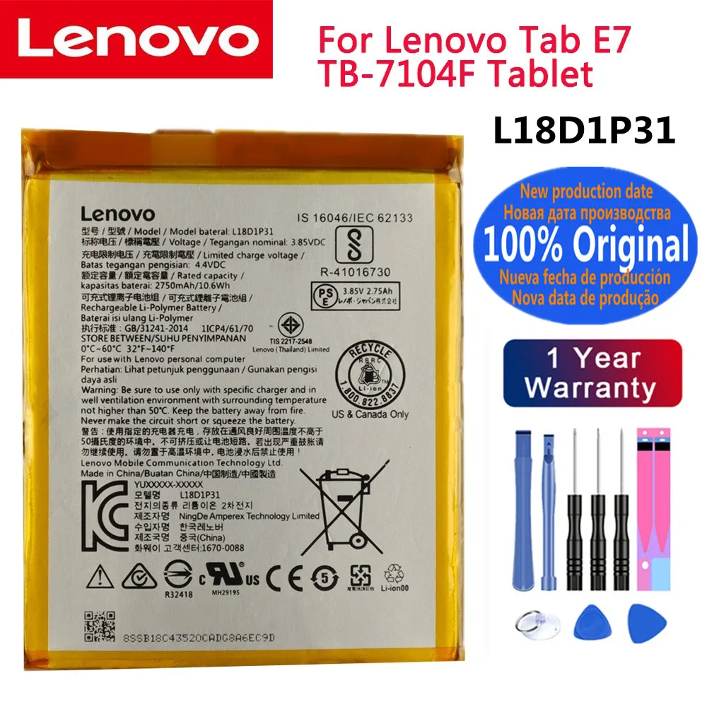 New Lenovo Original Replacement Battery L18D1P31 2750mAh For Lenovo Tab E7 TB-7104F Tablet Battery + Free Tools