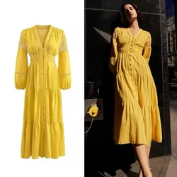 Fashion Runway Yellow Single Breasted Holiday Party Long Dress Summer V Neck Lace Hollow Out Spliced Linen Lantern Sleeve Dress