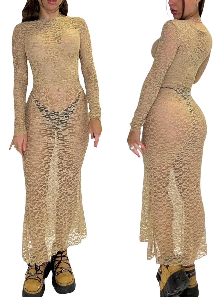 Abito lungo da donna in pizzo trasparente elegante manica lunga girocollo tinta unita copricostume da spiaggia per costume da bagno bikini