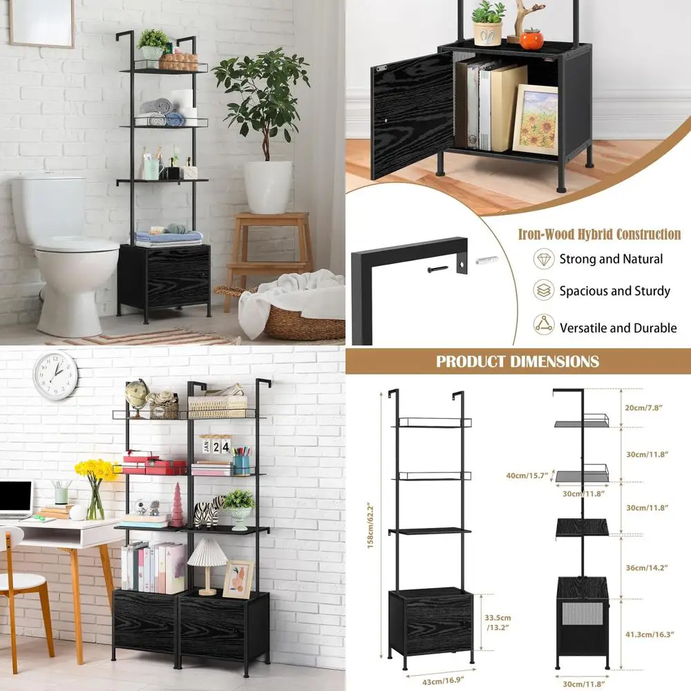 

4-Tier Industrial Metal Ladder Bookshelf with Wall Storage, Black Display Unit for Living Room, Bedroom, Office