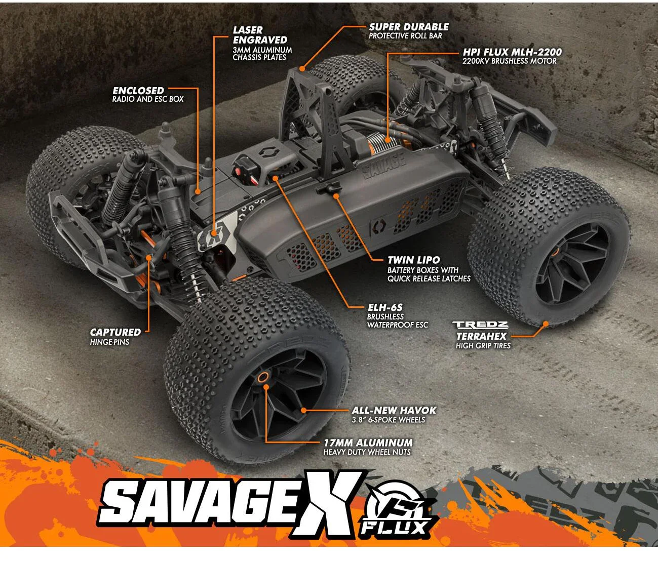 HPI RACING SAVAGE X FLUX V2 RC Monster Truck 1/8 elektrische ferngesteuerte Modellautos 160101, Spielzeug für Erwachsene und Kinder