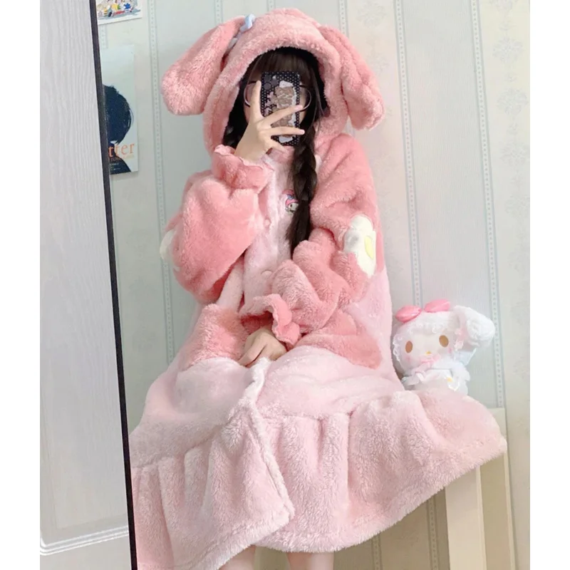 Sweet Hooded Princess Pajamas Women Winter Coral Velvet Thick Cute Bathrobe Nightdress Pink Kawaii Cartoon Nightgown Homewear