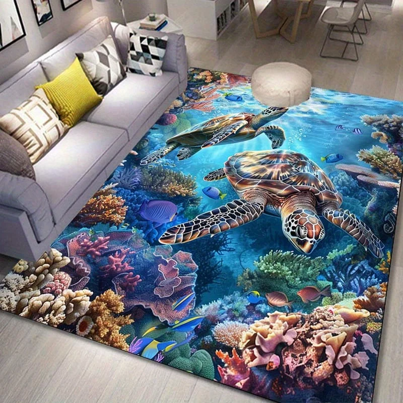 3D Underwater Coral Turtle Print Non-Slip Rug, Soft Plush Carpet for Living Room Bedroom Decor, Ocean Theme Floor Mat