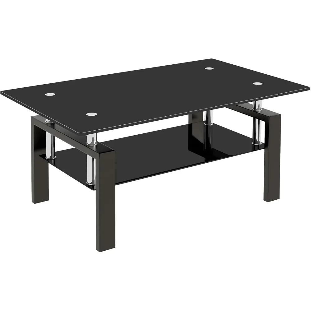 Tempered Glass Coffee Table with Metal Legs Modern Small Coffee Tables for Living Room (Black)