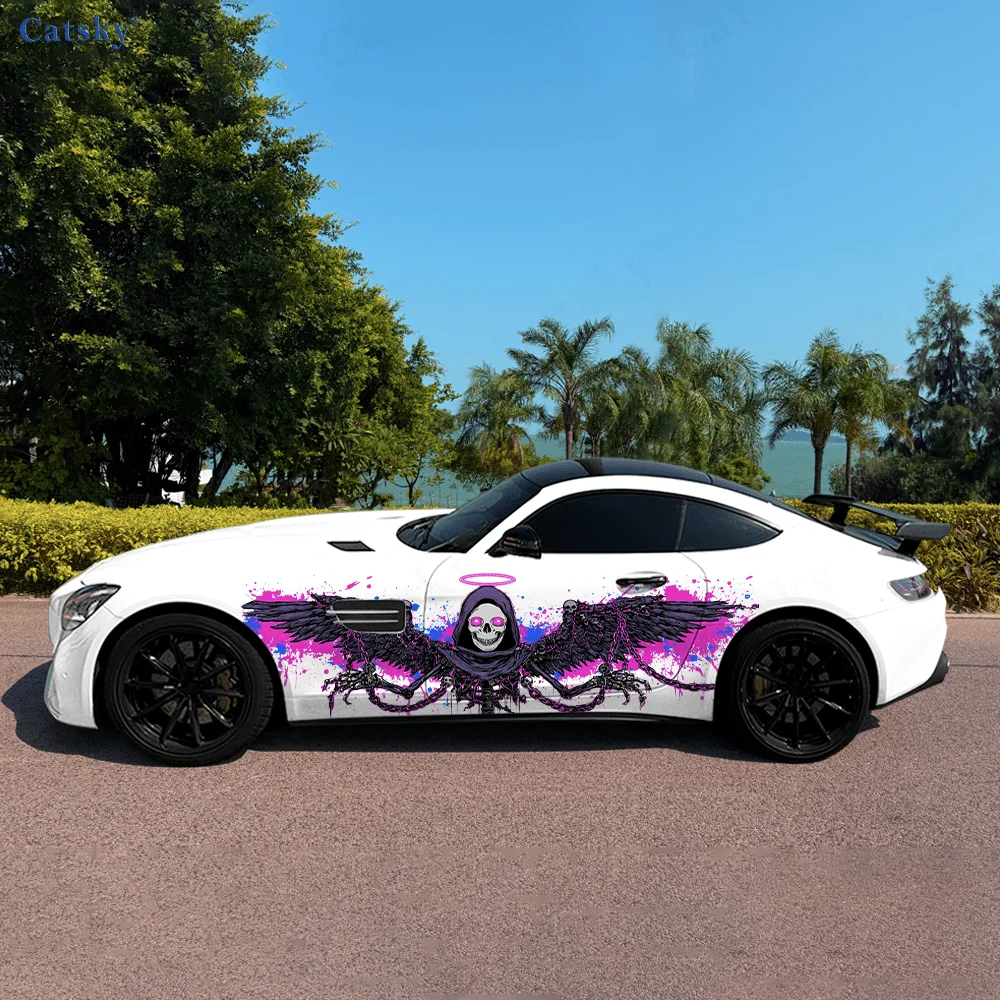 

Фиолетовая крылатая цепочка с черепом, автомобильные виниловые наклейки, самоклеящаяся наклейка из ПВХ, подходит для грузовиков, внедорожников, декор, автоаксессуары, подарок