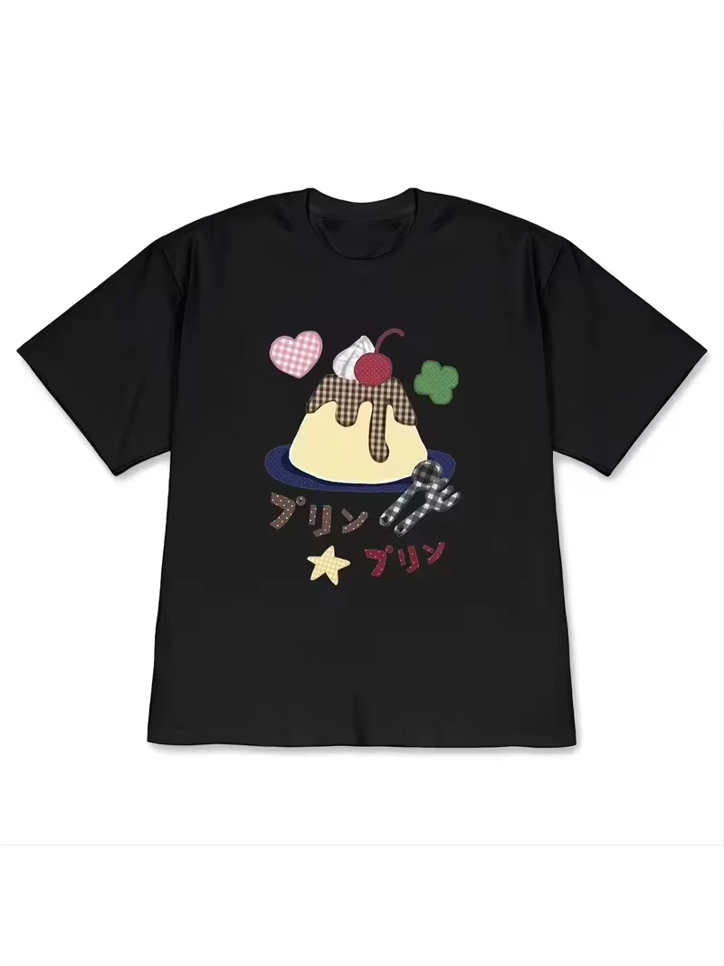 Unisex Cute Summer Pudding Dessert Graphic T‑Shirt Japanese Sweet Food Print Short Sleeve Casual Soft Kawaii Streetwear Tee Top