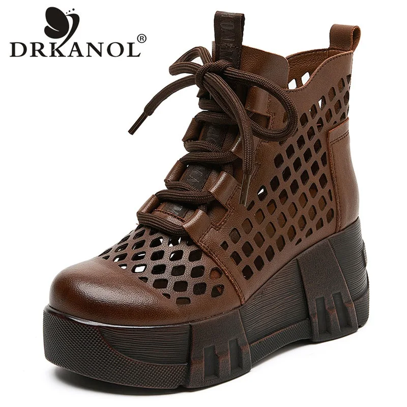 DRKANOL New Design Summer Women Cool Boots Hollow Breathable Shoes Wedges Platform Heel Genuine Leather Ankle Boots For Women