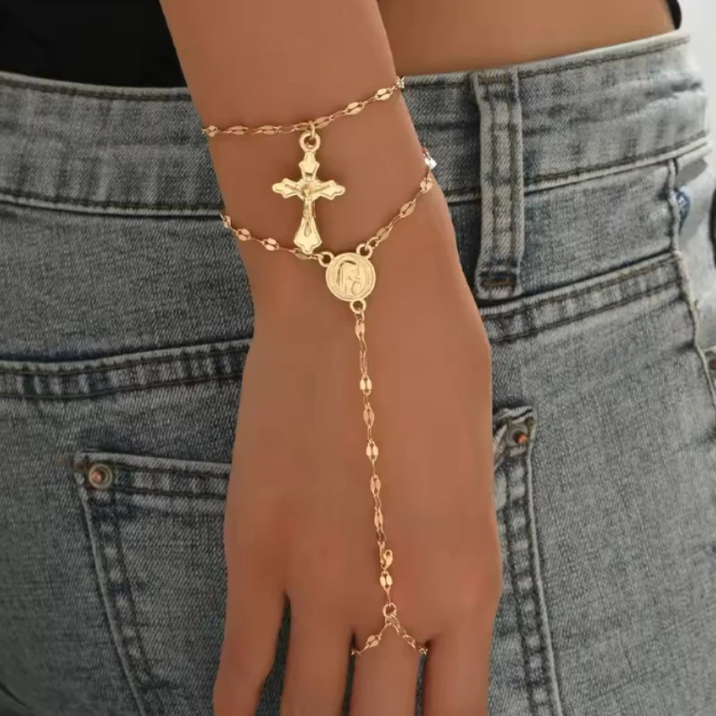 2-قطعة/مجموعة سلسلة ذهبية اللون عبر لوحة دائرية تمثال إصبع سوار ، إكسسوارات مجوهرات عصرية وعصرية للنساء #1