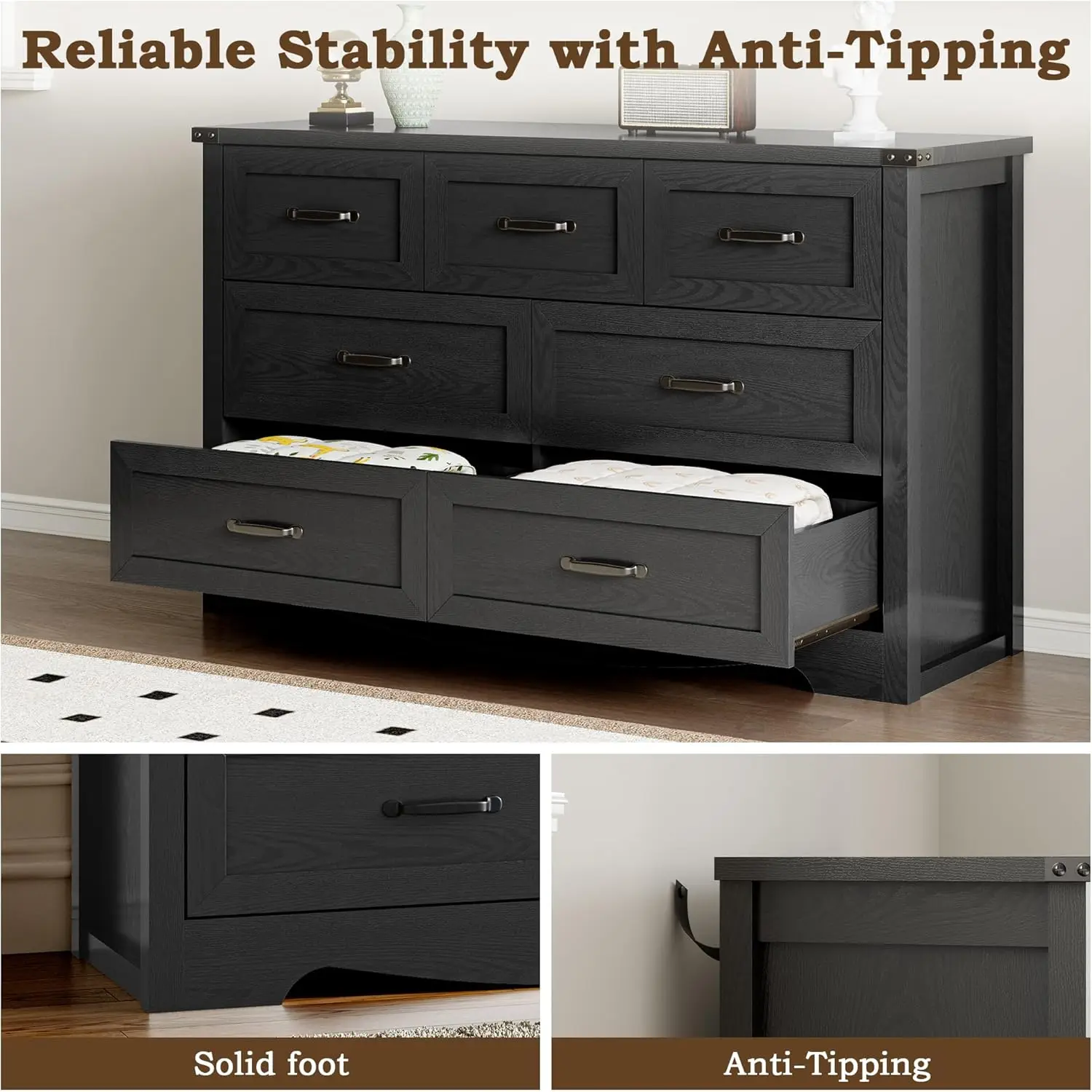 خزانة خشبية ذات 7 أدراج بمقابض معدنية، مضادة للانحراف، تخزين قوي لغرفة النوم وغرفة المعيشة