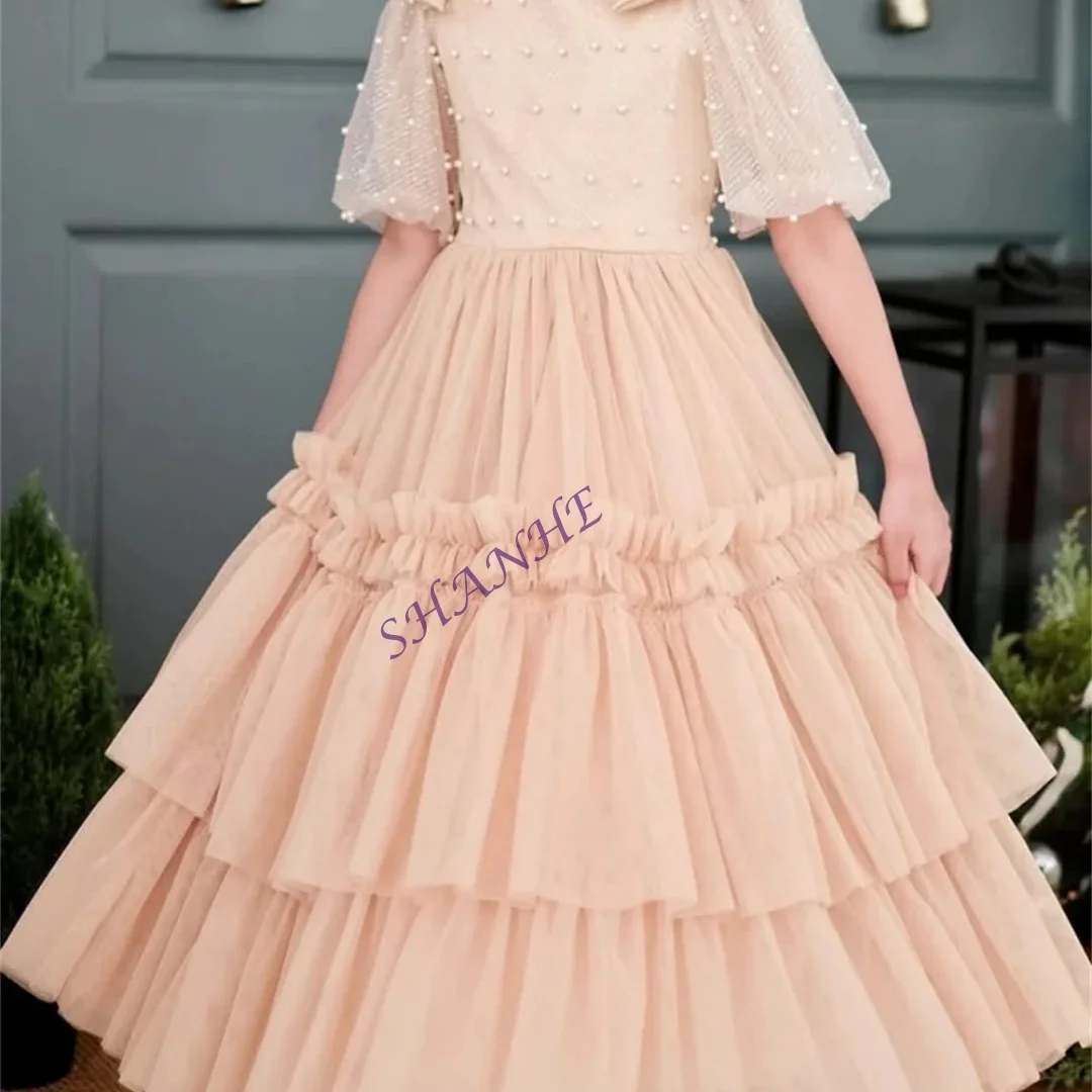 تخصيص الديكور س الرقبة نصف كم أنيقة فاخرة زهرة فتاة فستان الكاحل طول الكرة الطويلة الكلاسيكية ثوب التواصل الأول مخصص #3