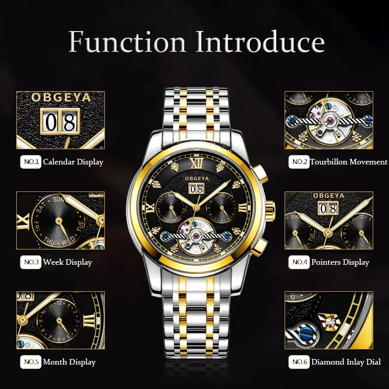 Swiss Opalga Business Watch - Multi-Function Tourbillon Calendar Men's Watch, Automatic Mechanical Dress Watch