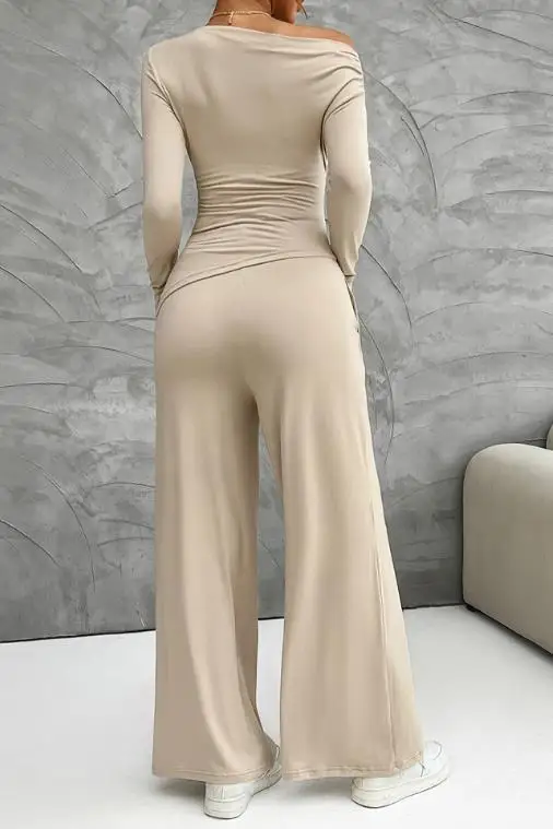 Two Piece Set Women Outfit 2026 Spring Autumn Versatile Diagonal Collar Long Sleeve T-Shirt & High Waist Wide Leg Pants Set