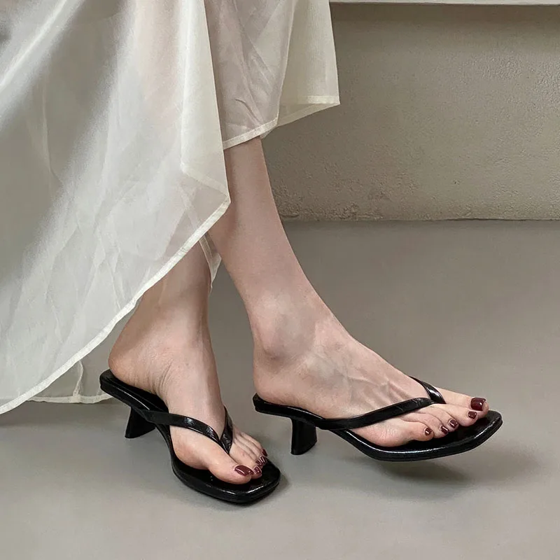 Fashion Square Toe Ladies Medium Heels Slippers Sandals Shoes Summer Beach Women Heeled Slippers Slides Female Flip Flops Pumps image 6