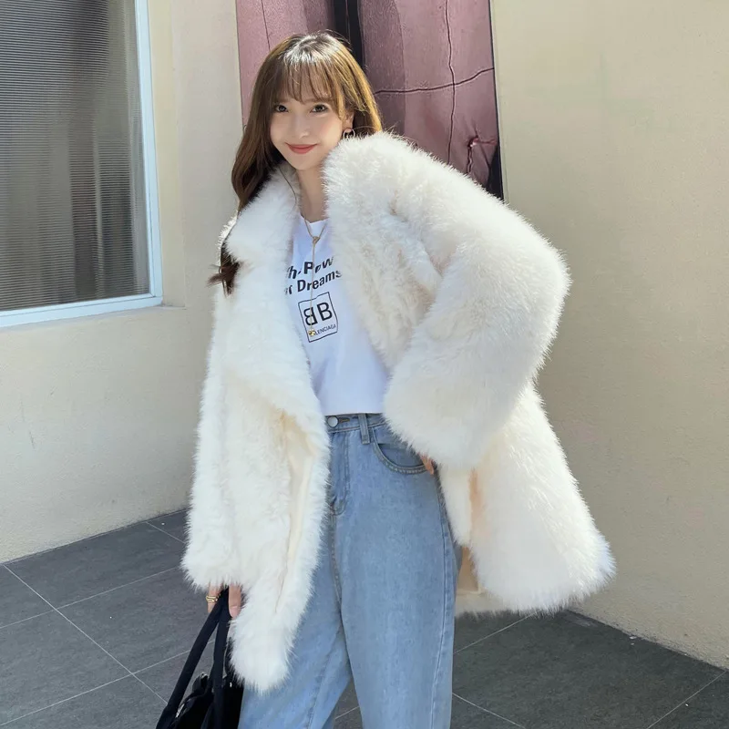 Winter Long Faux Fur Coat Oversize Pink Thick Warm Soft Shaggy Fluffy Faux Fur Coat Women Pockets Lapel Loose Sweet Cute Fashion