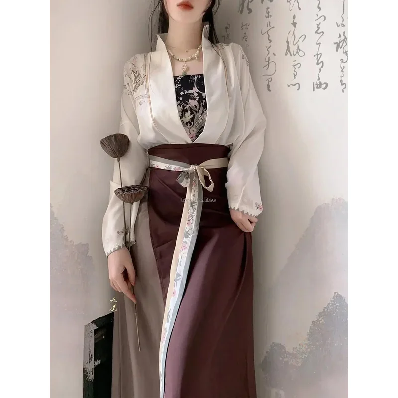 2023 chinese hanfu improved women's song dynasty clothes three-piece hanfu set spring and summer printed daily retro hanfu s380