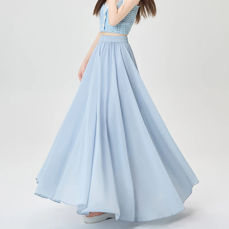 mulheres no verão de 2025, com cintura alta elástica e efeito emagrecedor, saia guarda-chuva grande evasê, saia longa plissada