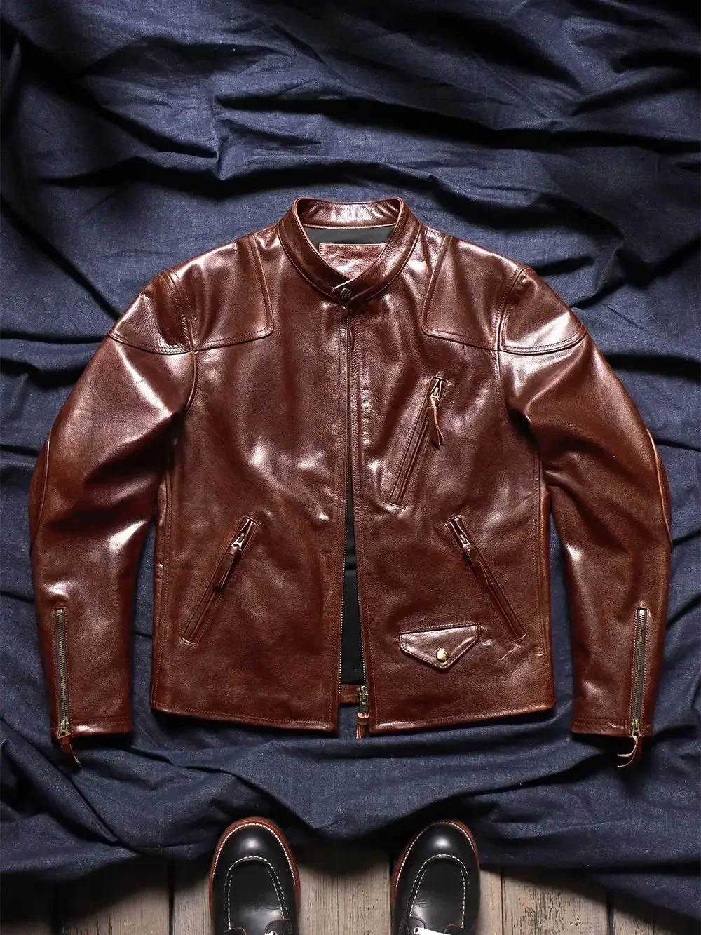 

Tailor Brando Vegetable Tanned Goatskin Venom Style Stand Collar American Vintage Genuine Leather Men's Motorcycle Jacket