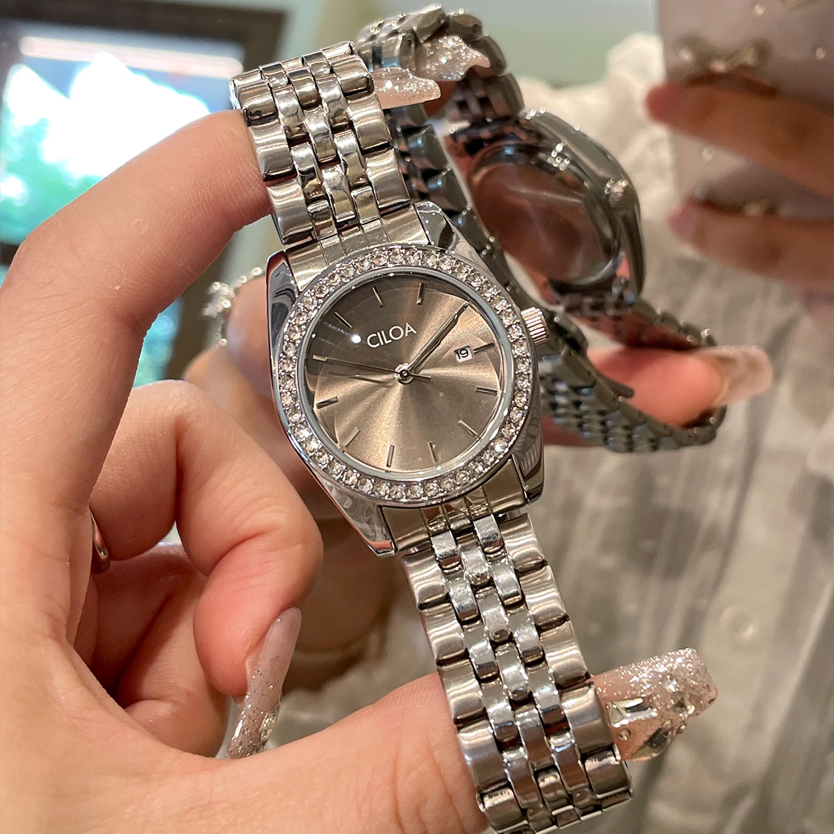 CILOA Womens Silver Rhinestone Bezel Quartz Watch Sunburst Grey Dial Stainless Steel Link Bracelet Elegant Daily Dating Wristwatch