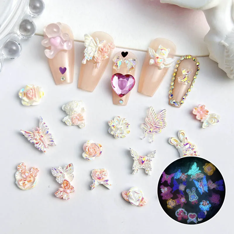 20/50pcs Random Mixed Resin Rose Flower Nail Charms Butterfly Bear Nail Art Decoration Accessories DIY Manicure Handmade Crafts