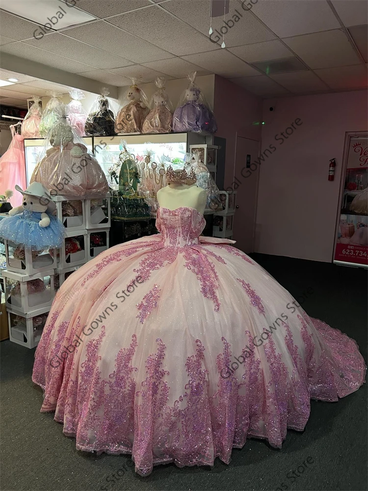 Pink Shiny Ball Gown Quinceanera Dresses Off The Shoulder Sequin Applique Lace Beads Bow Tull Party Birthday Sweet 16 Dress Vest