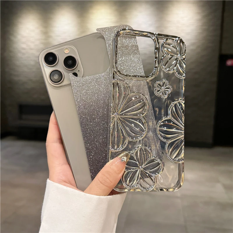 For iPhone 15 Pro Max Luxury Flash Glitter Flowers Plating Frame Phone Case For iPhone 11 12 13 14 15 16 17 Air Protective Cover - náhled 4