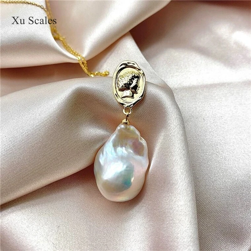 Natural Alien Baroque Freshwater Wild Pearl Pendant Necklace S925 Sterling Silver Queen Gold Coin Design Jewelry Exquisite Gift