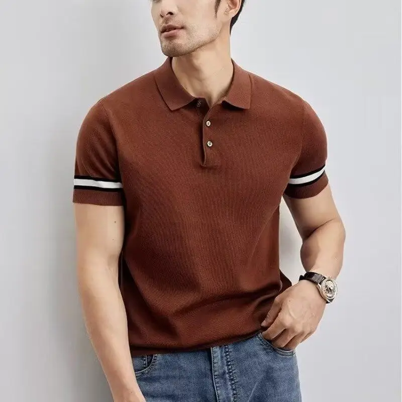 Summer Thin Men's POLO Ice Silk New Elastic Business Casual Knitted Sweater Men's Lapel Thread Outer Top