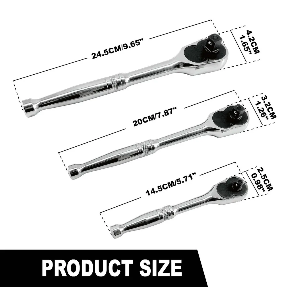 3 Pcs 72 Teeth Ratchet Handle Quick Release Narrow Place Using 1/4β 3/8β and 1/2β Drive