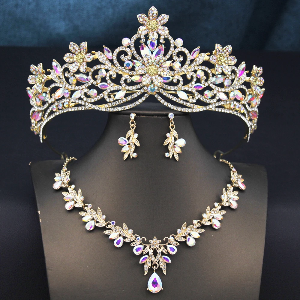 10 Colors Flower Crown Princess Bridal Jewelry Sets Tiaras and necklace earrings for Women Wedding Prom Birthday Gifts