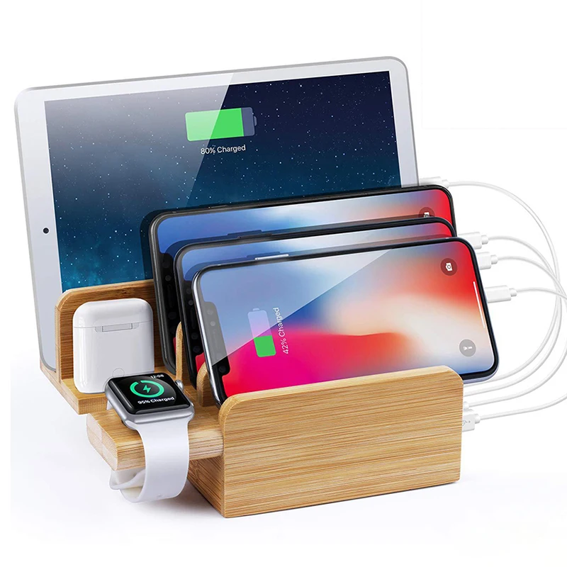 

6 Ports USB Charger Charging Dock Station, UK/US/EU Plug Tablet Charging Brackets Stand, Bamboo Holders For Phone Smart Watch