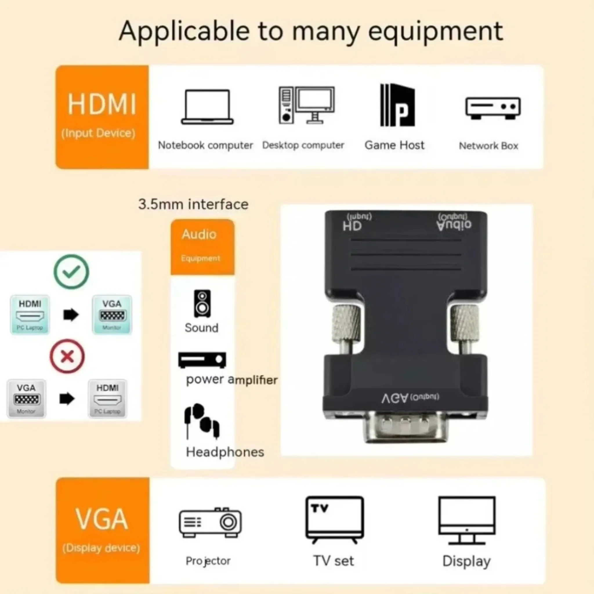 HDMI To VGA Adapter 1080P with 3.5mm Audio Cable DMI-compatible Female To VGA Male Converter for PS4 Monitor Projector PC Laptop