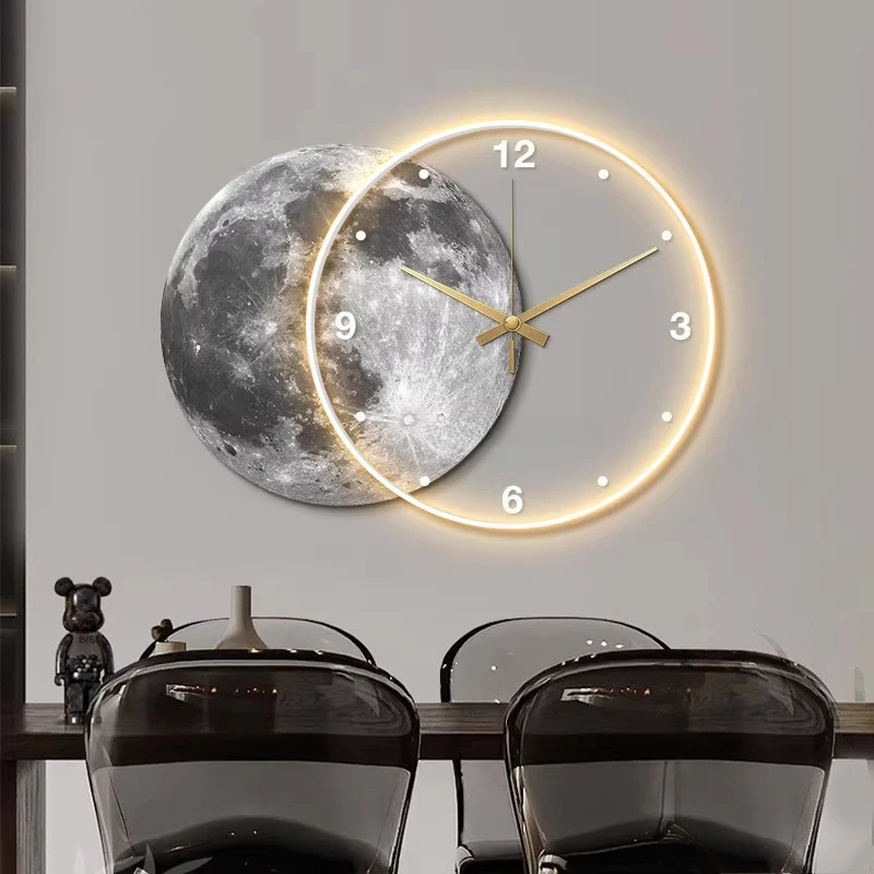 Restaurant decoration painting, high-end with clock, moon LED light living room wall hanging painting, creative clock wall light