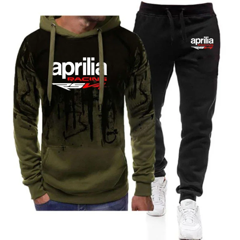 2024 Spring Autumn Men's Aprilia Racing RSV4 Logo Print Gradient Color Pullover Hoodies+Sweatpant High Quality Cotton Sports Set