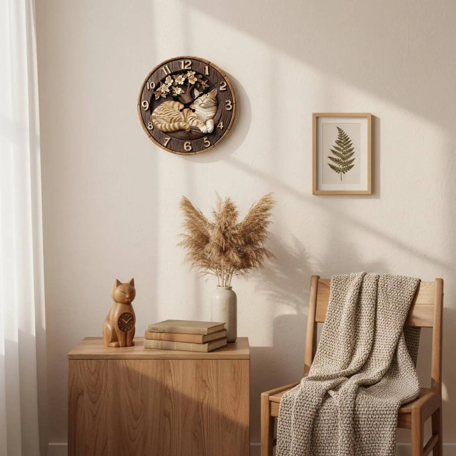 2D Printed Wood Effect Clock Non-Ticking Round Cat Wall Clock Creature Theme Timepiece Artistic Decoration Home Decor