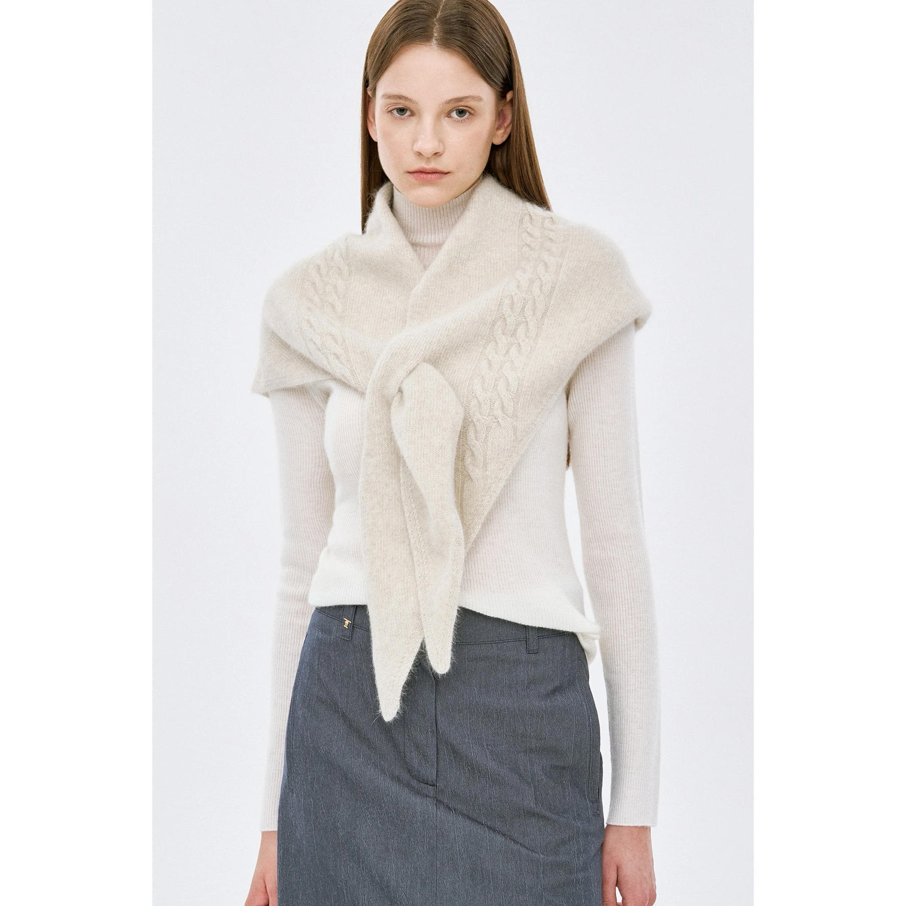 TIM26 Autumn Elegant Fashion Nordic Style Knitted  Scarf Shoulder Wrap Layering Women's Long Sleeve round Neck Top