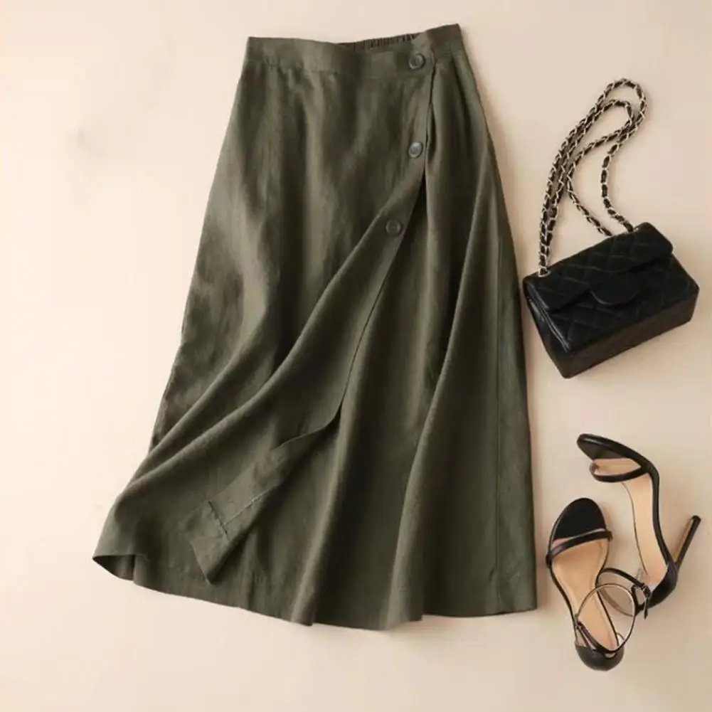 Women Summer Skirt Solid Color Large Hem Elastic Waist Midi Skirt A-line Button Decor Dress-up High Waist Lady Skirt For Dating