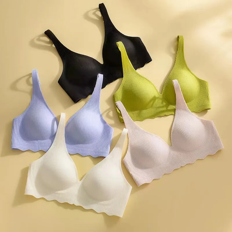 Seamless Women's Bra Small Chest Big Hollow Design Underwear Support Non-removable Semi-fixed Cup One Piece Striped Thin Bra