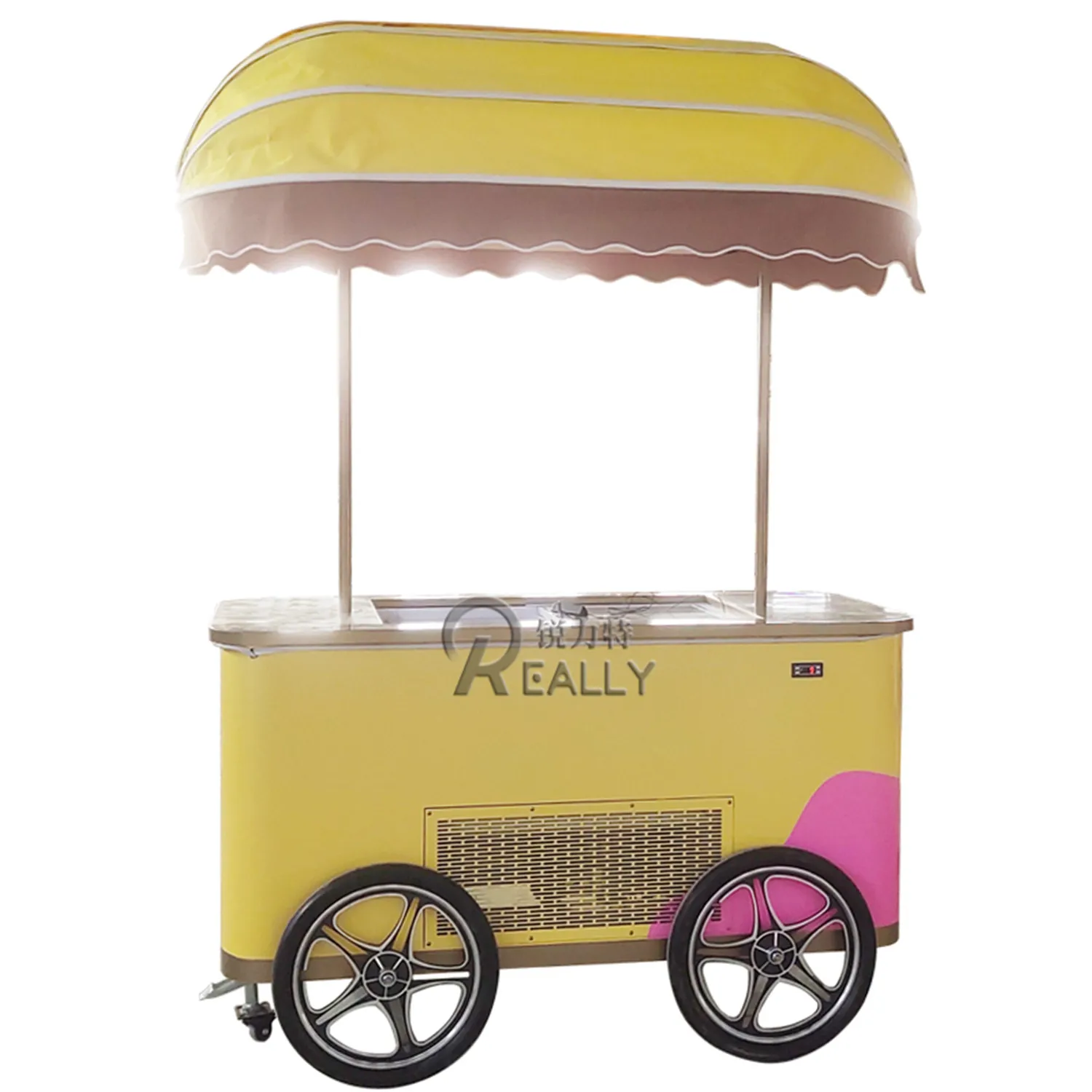 

New Yellow Freezer Cart Color Customizable Ice Cream Cold Drink Display Cabinet Frozen Yogurt Cart