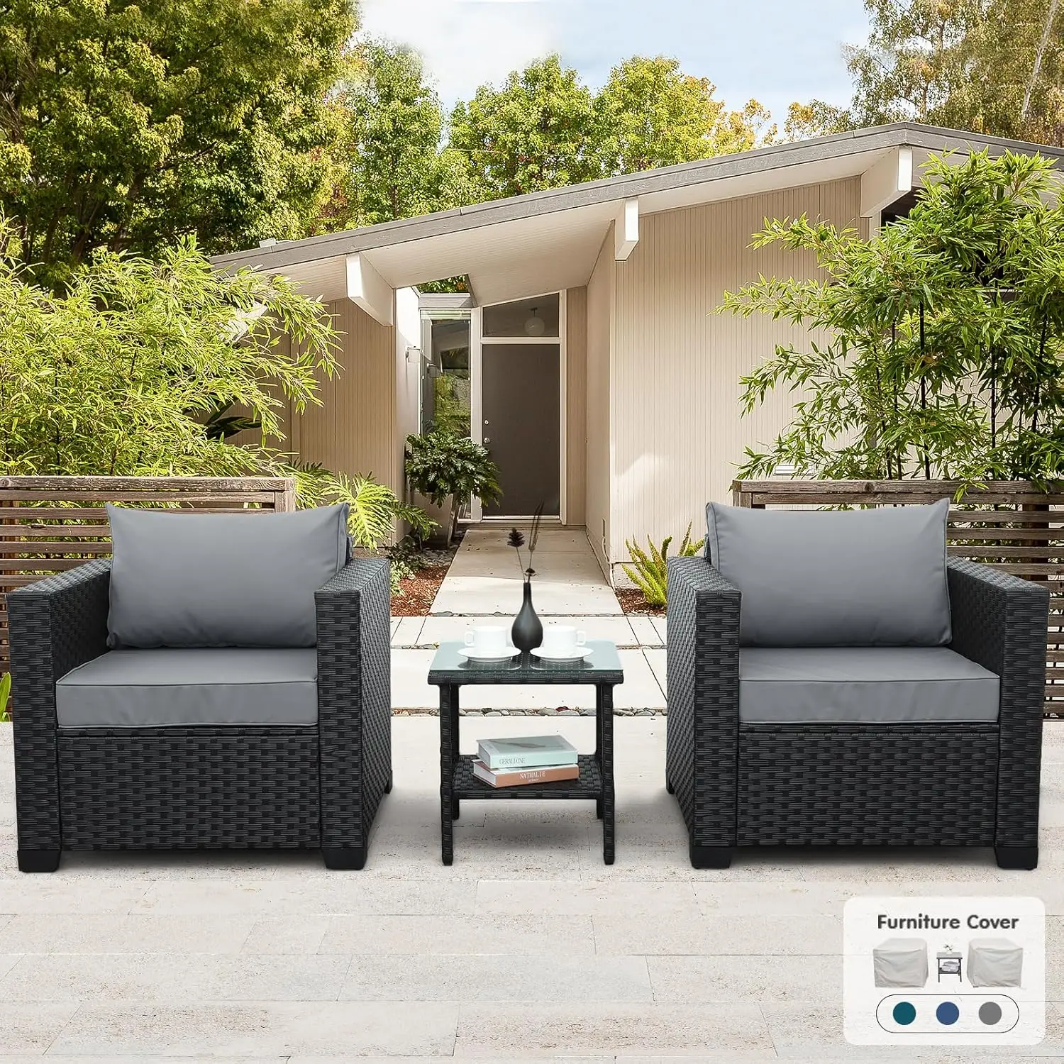 

3 Piece Patio Set Wicker Patio Furniture Patio Conversation Sets Outdoor Chairs and Glass Side Table Balcony Furniture with Non-