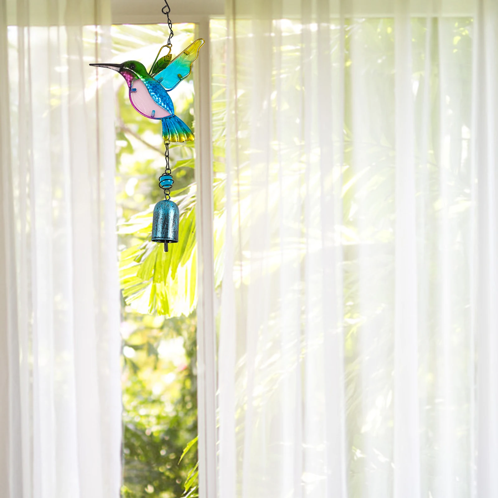 

2 Pcs Hummingbird Wind Chimes Blue Green Iron Garden Hanging Decorative Ring nament Gifts for Home Yard Tree Window