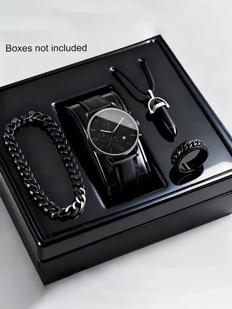 Men's Quartz Watch with Necklace Bracelet Ring Set Calendar Function Festive Outfit Matching，not include the box