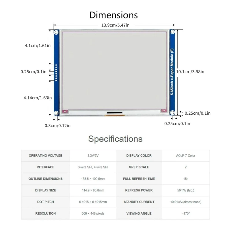 Imagem -06 - Display Eletrônica 565 Polegadas Módulo Exibição Papel Eletrônico 565 Cores Spiforraspberrypi4b